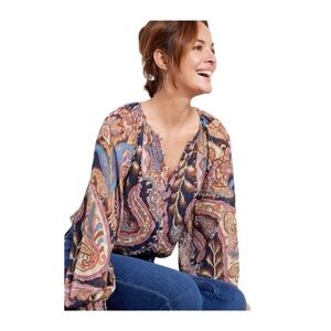 Sanctuary Semi Sheer Boho Tapestry Paisley Print Metallic Blouse NWT Size S